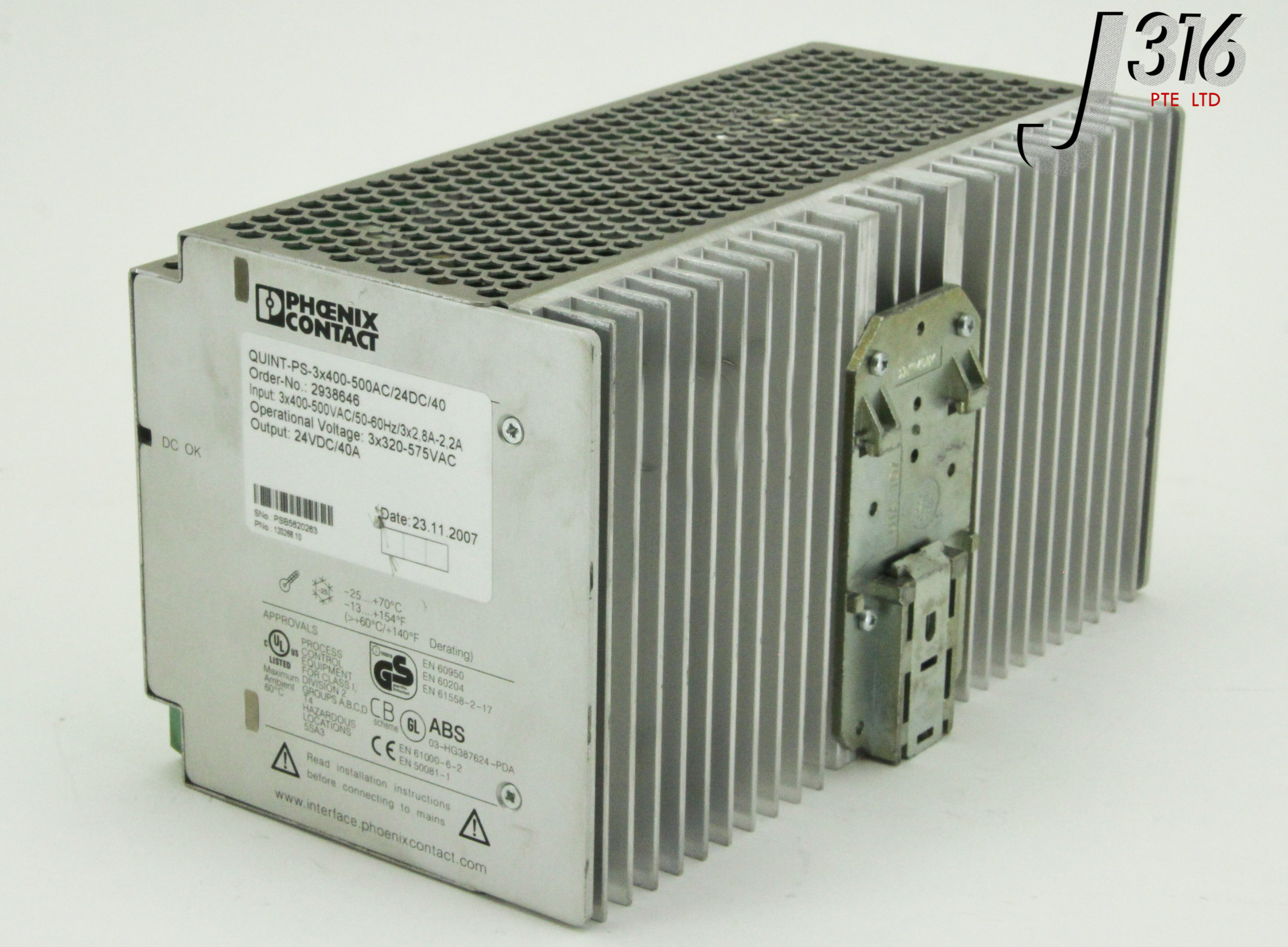 9386 PHOENIX CONTACT PWR SUPPLY, O/P 24VDC 40A, 20A QUINT-PS-3X400